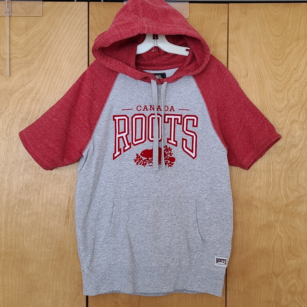 Roots hoodie short sleeve red & grey size xs